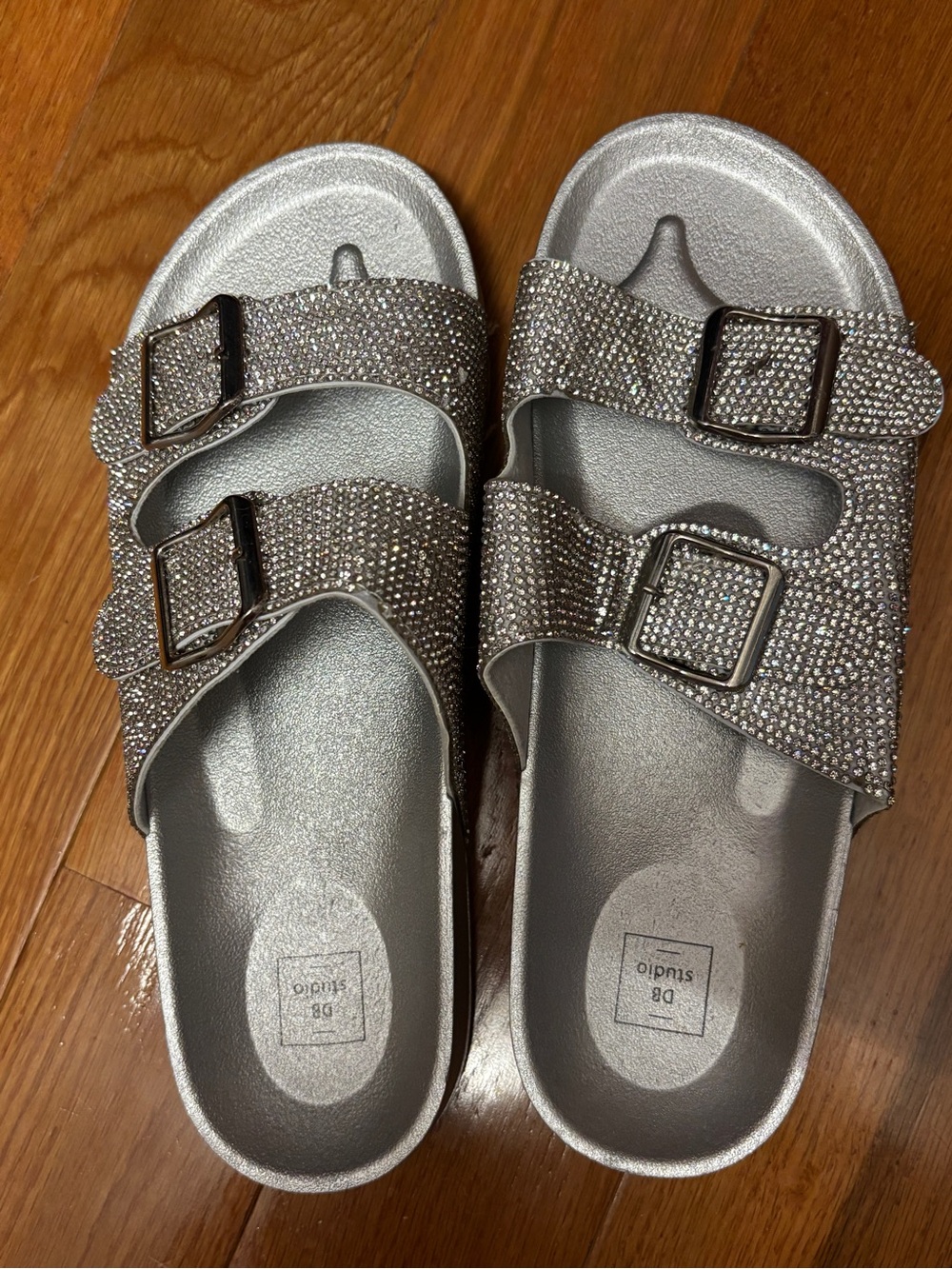 David's Bridal Silver Rhinestone Double-Buckle Sandals
